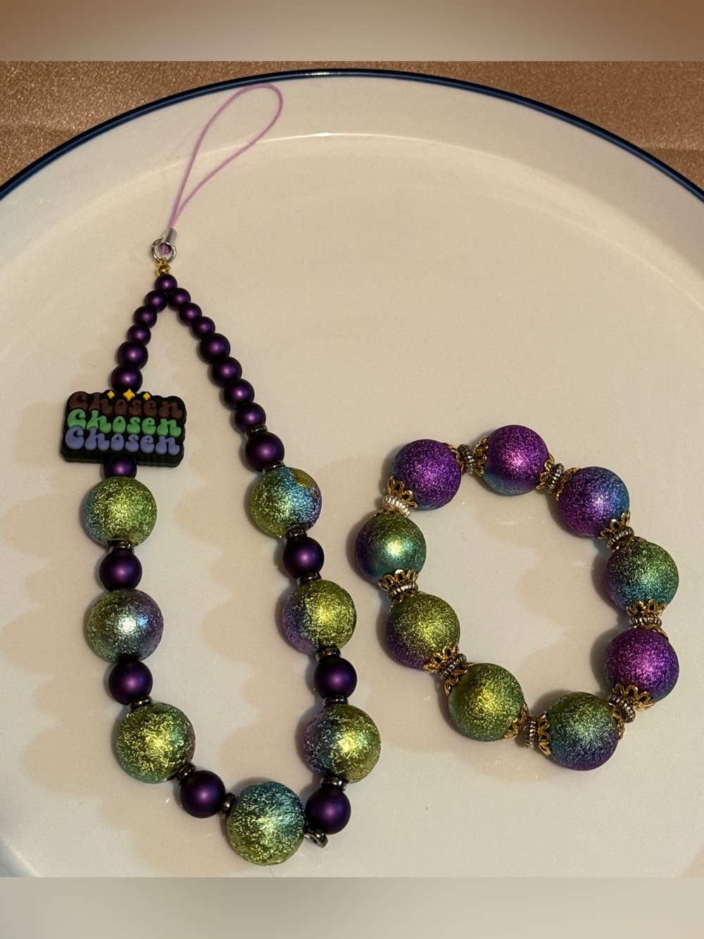 Purple Chosen Christian Faith Phone Charm Bracelet Set Glitter Religious - Picture 3 of 5